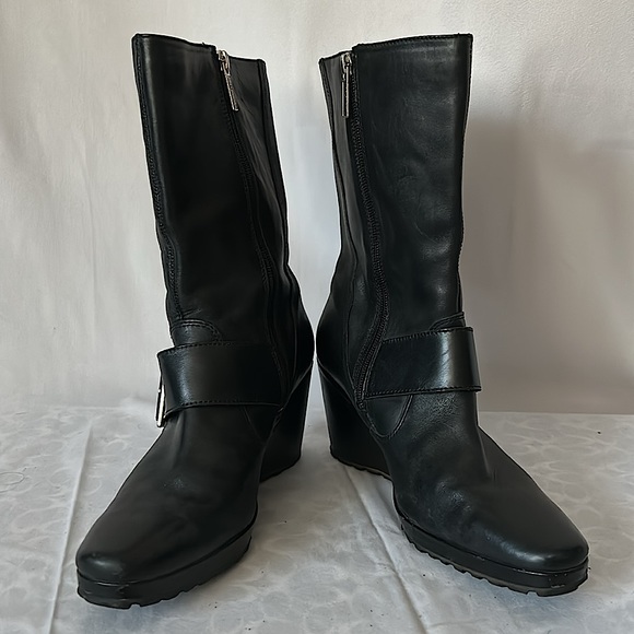 Harley-Davidson Sexy Black Leather Wedge Heel Moto Boots Shoes **Size 8**🔥🔥 - Picture 2 of 10